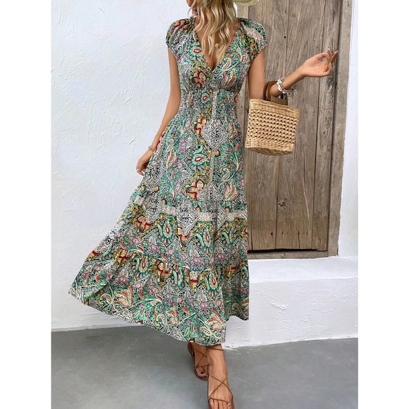 boho gypsy Paisley Print Shirred Detail Ruffle Hem Dress - Picture 8 of 12